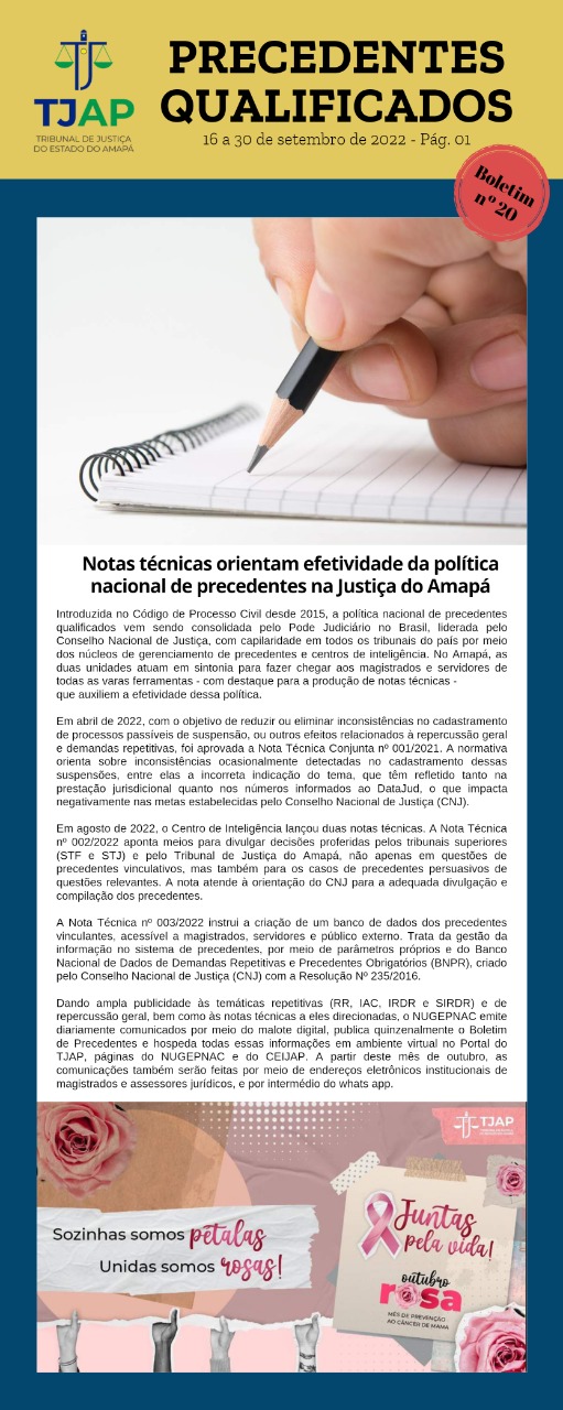 Capa do Boletim de Precedentes número 20 com o subtítulo "Notas técnicas orientam efetividade da política nacional de precedentes na Justiça do Amapá" 