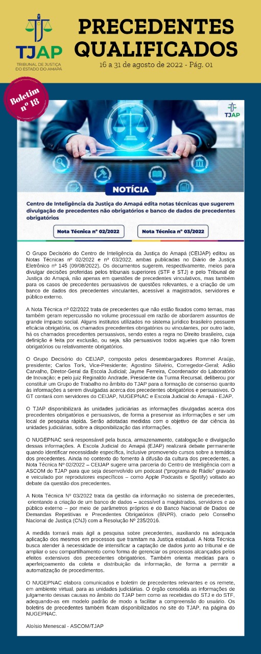 Capa do Boletim de Precedentes número 18 com o título "Notícia: Centro de Inteligência do Amapá edita notas técnicas que sugerem divulgação de precedentes não obrigatórios e banco de dados de precedentes obrigatórios"