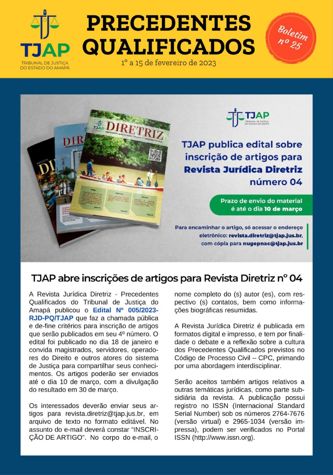 Capa do Boletim de Precedentes número 25 com o subtítulo "TJAP abre inscrições de artigos para Revista Diretriz nº 04"